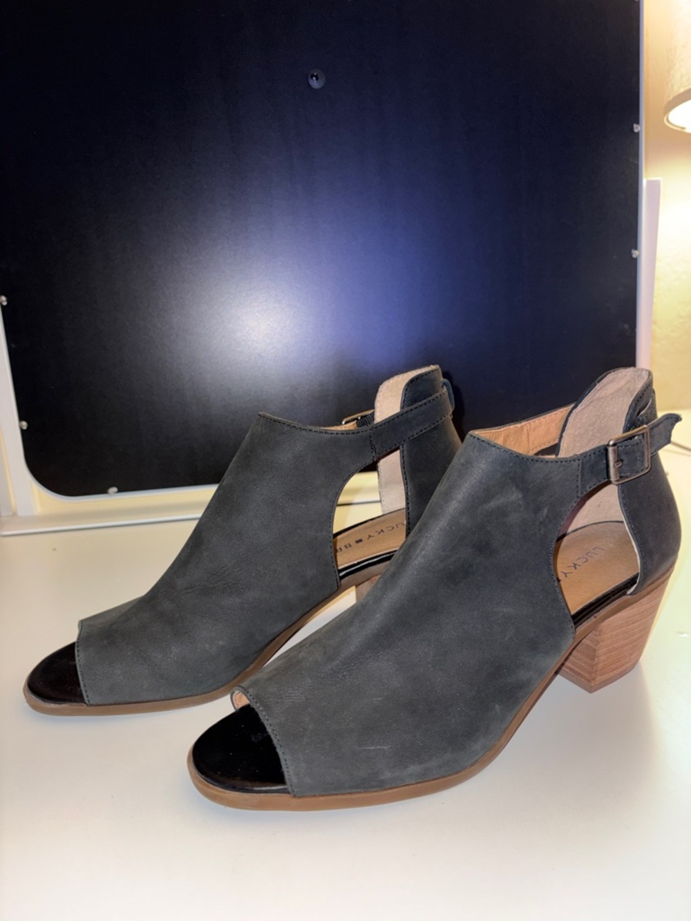 Lucky Brand Gray Suede Peep-Toe Block Heel Sandals
